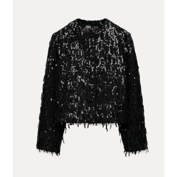 Zara Womens Sequin Blazer Jacket XS Black Fringe Textured Cropped 9659/630 NWT - Picture 3 of 16